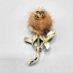Rose Brooch Mink Fur Gold Tone Flower Long Stem Clear Rose Pin Unmarked Vtg